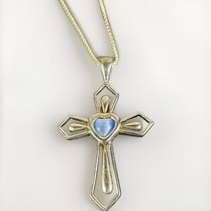 Sterling Silver FACETED STONE CROSS w Center Stone Pendant 925 MO & Necklace VTG